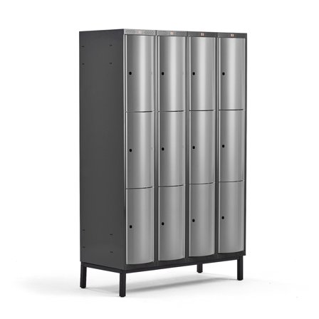 Kleiderspind CURVE mit Beingestell, 4 Module/3 Türen, 1940 x 1200 x 550 mm, Silbergrau