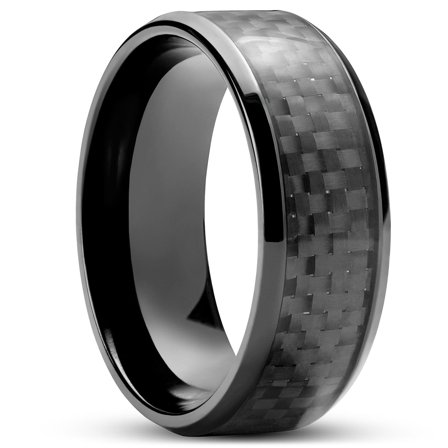 Panther | Bague en acier inoxydable noir de 8 mm avec incrustation en fibre de carbone pour hommes - Bagues en acier