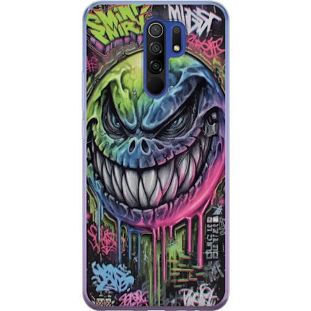 Kompatibelt Mobildeksel til Xiaomi Redmi 9 Fargerik graffitiillustrasjon av et ondskapsfullt smilende monsteransikt med dryppende neonfarge