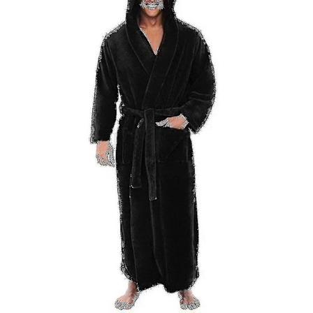 Menn Fleece Hettelang Myk Badekåpe - Xin Black S