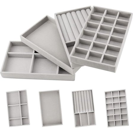 Smykkeopbevaringssystem 4 Stykker 12,5 X 21 X 2,5 Cm Smykkeskrin Stabelbar Smykkeopbevaring Smykkearrangør Arrangørbakke til Skuffe til Opbevaring Grå