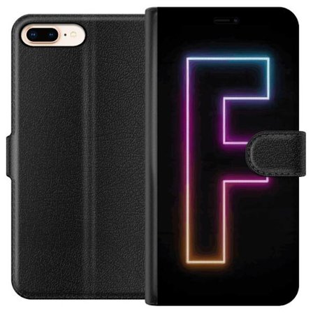 Yhteensopiva Lompakkokotelo Apple Apple iPhone 7 Plus Neonkirjain F vaaleanpunaisella, sinisellä ja keltaisella valokehyksillä tummaa taustaa vasten
