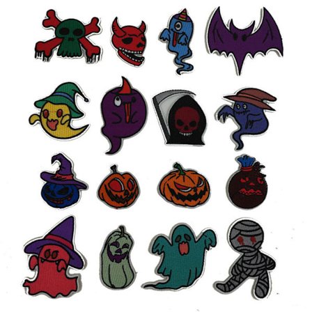 16 stk Halloween-tema broderte strykemerker - Assorterte Halloween-tema håndverkstilbehør for cosplay og klesdekorasjon