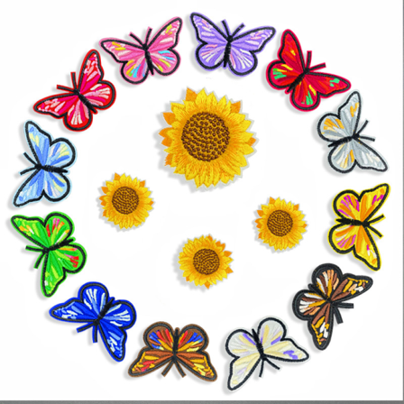 16 stk. Stoffbroderi-klistremerker flerfargede blomster sommerfugler E