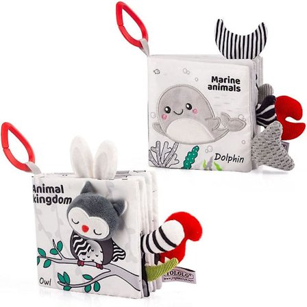 Baby stof boglegetøj, sort og hvid krøllet hale stof aktivitetsbøger, interaktive hængende klapvogne bøger til nyfødt spædbarn, tidlig 