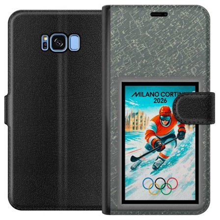 Yhteensopiva Lompakkokotelo Samsung Galaxy S8 Curlingkuvitus pelaajilla ja kivillä jäällä, Milano Cortina 2026, lumisia roiskeita ja olympiasormukset