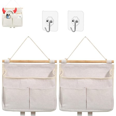 Todelt sæt - vægmonteret taske - vægmonteret opbevaringstaske - 3 rum med kroge (råhvid)