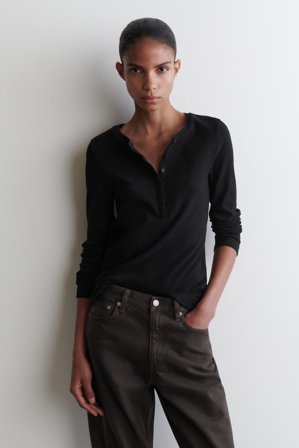 COS Women's Long Sleeve Henley Top in Black