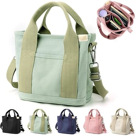 Multi-Pocket Tote Bag med dragkedja, Canvas Handgjord Handväska med fack, Multifunktionella Satchel-väskor för kvinnor, damer, universitet, skola, 