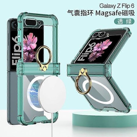 Magsafe Läpinäkyvä Putoamisenkestävä Iskunkestävä Kotelo Samsung Galaxy Z Flip 6:lle saransuojalla ja rengasjalustalla 2024