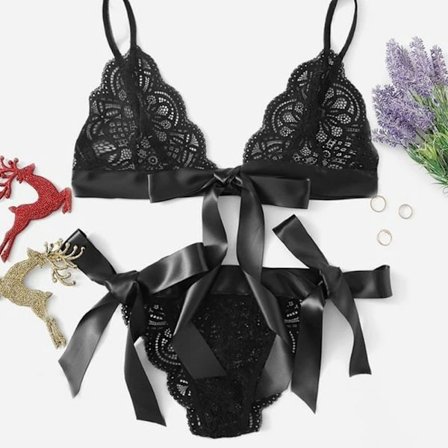 Sexet lingerisæt til kvinder, natkjole, BH, trusser, sløjfe, undertøj, sort Blackyux