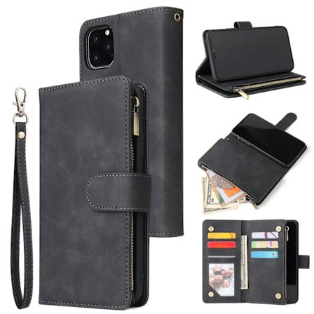 Wallet Case for iPhone 11, Lommebokveske med glidelås, Stativ, Kortspor med håndleddsstropp, TPU Støtsikkert Flip-deksel for iPhone 11 - Svart