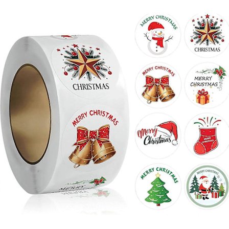 Juleforseglingsmærkater, 500 stk., selvklæbende runde julemærkater med engelsk tekst "Merry Christmas"