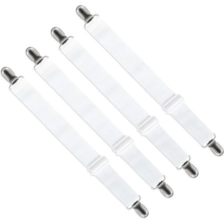 Justerbara lakansträckare (65 cm till 200 cm), justerbar fästrem för lakan, soffa, strykbrädsöverdrag (vit, 4-pack)