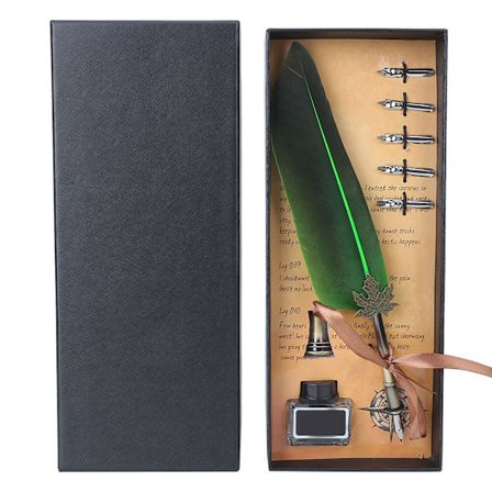 Vintage Grønn Fjær Fyllepenn Kalligrafi Blekk Fjærpenn Dyppepenn med Gaveeske