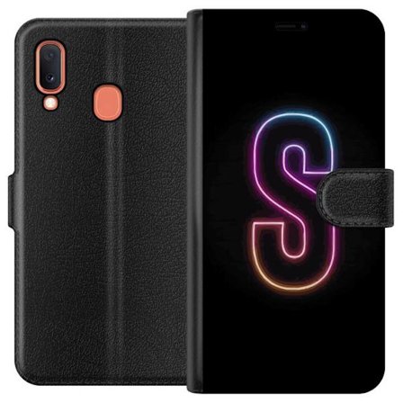 Kompatibel Tegnebogsetui til Samsung Samsung Galaxy A20e Neonbogstav S i lyserød og blå toner mod en mørk baggrund, stilfuld bogstavkunst med retro