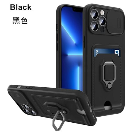 Fodral för iPhone 13 Pro svart multifunktionellt skjutbart fönster ring korthållare