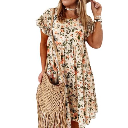 Kvinnor Print Klänning Sommar Ruffle Kortärmad O-neck Mini