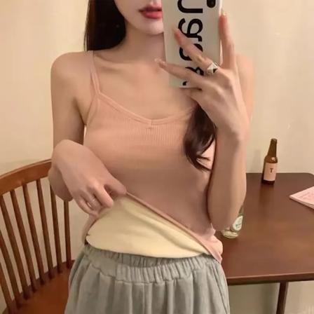 Varm vinterunderkläder för kvinnor, enfärgad termisk avslappnad nattkläder, sexig elasticitet, tunn sammet t-shirt, ärmlös topp Pink2 40-55kg