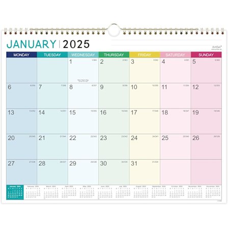 Kalender 2025, fra januar 2025 til desember, 37 x 29 cm, dobbel spiralbinding, stor blandet farge rettvinkelblokk