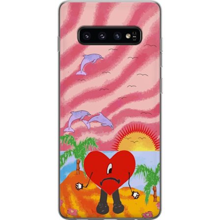 Kompatibel Mobilcover til Samsung Galaxy S10 Bad Bunny i en farverig quiltet jakke med hjertemønster og solbriller i moderne gade stil