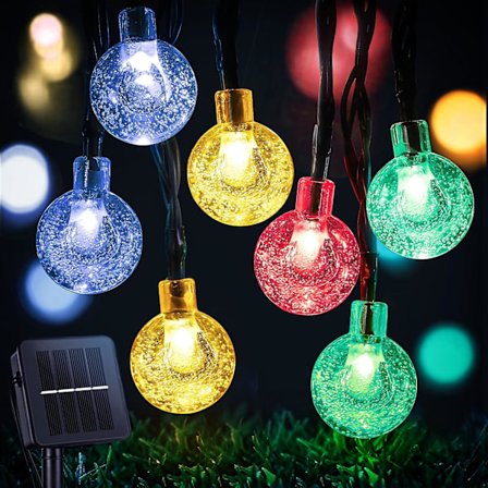 Solcelle Lyslenke Utendørs, 9m 60 LED Solcelle Lyslenke, 8 Moduser, IP65 Vanntett, for Hage, Terrasse, Bryllup, Fest og Dekorasjon (Multifarget)