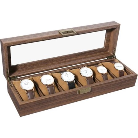 Kellolaatikko 6 paikkaa, kellokotelon järjestäjä aidolla lasikannella, puun syykuvioitu PU-nahkainen kellon säilytyslaatikko