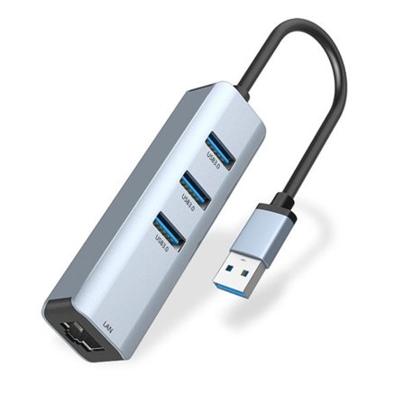 USB Ethernet-adapter med USB 3.0 Hub 3-portars USB-hubb, USB-delare för höghastighetsdataöverföring för bärbar dator, mobil hårddisk