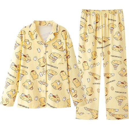 Kawaii-sarjakuva pyjamat naisille ja tytöille, pitkähihainen paita ja pyjamahousut, yöasut, kotivaatteet, 2-osainen pyjama-setti Pom Pom Purin
