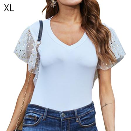 Dam T-shirt Sommar V-hals Gaze Paljett Kortärmad Casual