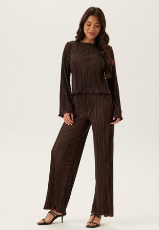 Bubbleroom - Pleated Frill Trousers - Dark brown - Kläder