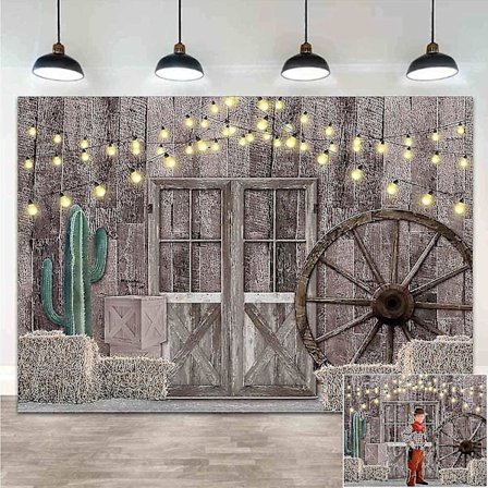 Wild West Trehus Låvedør Vintage Western Cowboy Flash Portrett Fotografering Baktepper Barn Bursdagsfest Baby Shower Fotobakgrunn Bbq