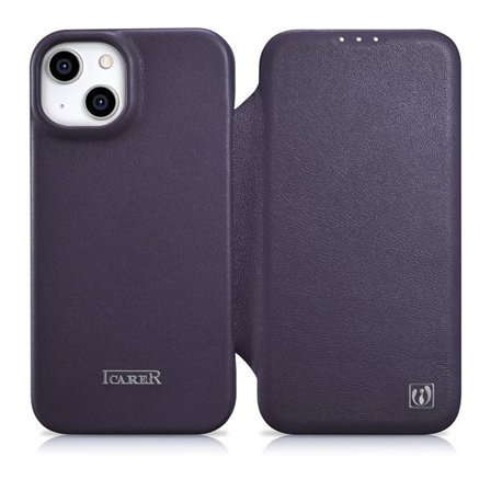 iCarer CE Premium Leather Folio Case for iPhone 14 Plus, Magnetic Flip MagSafe, Dark Purple