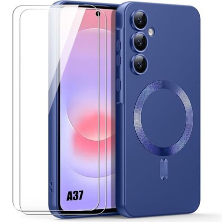 Cover til Samsung Galaxy A37 5G, Silikone med Magnetisk - Marineblå - 2 Tempererede Glas
