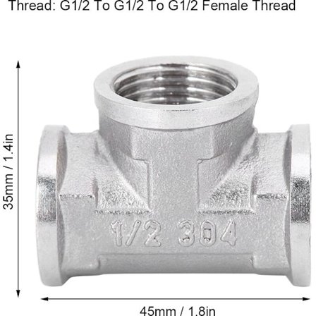 Rostfritt stål gängad rörkoppling adapter G1/2 till G1/2 till G1/2 hon gänga T-typ