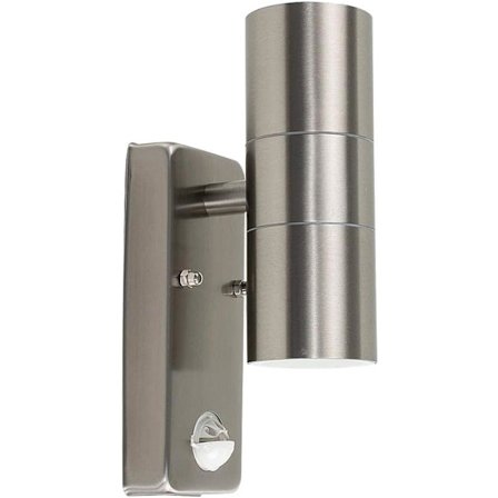 Par med moderne utendørs sikkerhetsvegglamper i rustfritt stål med PIR-bevegelsessensor, IP44-klassifisert, komplett med 5w GU10 LED-pærer