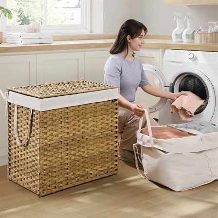 Tvättkorg 160 L med lock och två sektioner i rottingdesign