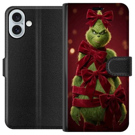 Yhteensopiva Lompakkokotelo Apple Apple iPhone 16 Plus Grinchi-hahmo koristeltu punaisilla samettinauhoilla juhlavassa studiossa, leikkisällä ja hum