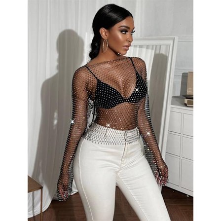 Fashion See Through Rhinestone Fishnet Bikini Cover Up för kvinnor glänsande