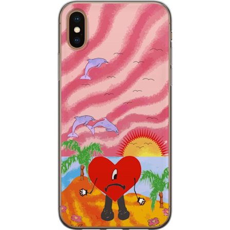 Kompatibel Mobilcover til Apple iPhone XS Bad Bunny i en farverig quiltet jakke med hjertemønster og solbriller i moderne gade stil