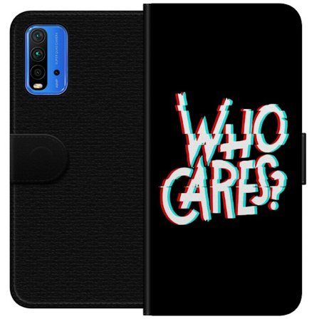 Kompatibelt Lommeboketui til Xiaomi Redmi Note 9 4G Glitch typografi med teksten "who cares" i rødt og cyan på en svart minimalistisk bakgrunn.