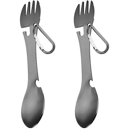 2-pak Rejse Camping Bestiksæt Rustfrit Stål Gaffel Ske Kapselåbner 5 i 1 til Udendørs Camping Vandring Fiskeri
