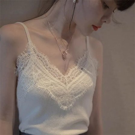 Spets V-ringad Sling Tank Top VIT