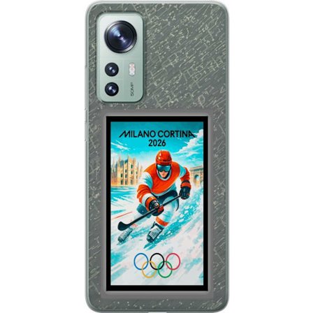 Yhteensopiva Puhelinkuori Xiaomi 12 Curlingkuvitus pelaajilla ja kivillä jäällä, Milano Cortina 2026, lumisia roiskeita ja olympiasormukset