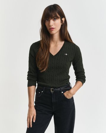 GANT Damen Zopfstrick V-Neck Pullover aus Stretch-Baumwolle (S) Grün