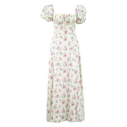 Kvinnors fyrkantig hals blommig klänning puffärmar klänningar hög midja