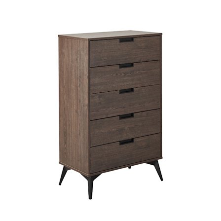 Valnød kommode med 5 skuffer, 72x39x117cm, sorte metalben