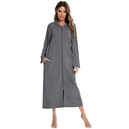Letvægts morgenkåbe med hætte til damer, lynlås, badekåber i fuld længde, langærmet bomuldsstrikket blød natkjole Kimono Zipper Housecoat Lounger...