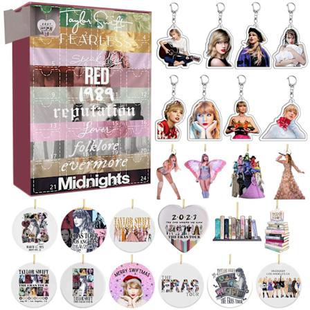 Joulukalenteri Taylor Swift The Eras Tour -riipuksilla ja avaimenperillä, 24 päivän laskurikalenteri, adventtikalenteri Style C