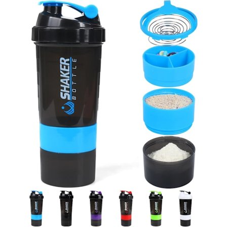 Protein Shaker Flaske, Lækagesikker Sports Vandflaske til Protein Mixer - Skridsikker 3-lags, 473 ml Shake Kop med Pilleæske (Sort)